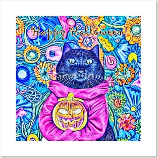 Happy Halloween Floral Black Cat Posters and Art